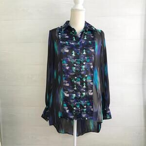 Kirna Zabete Target - Teal BLACK green WATERCOLOR button front shirt, S